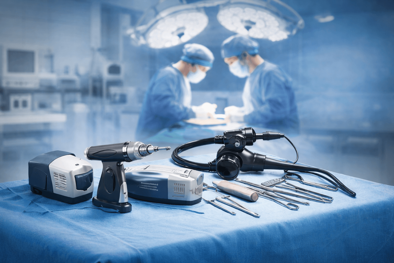 Professional medical surgical equipment including drills, endoscopes, and surgical instruments in operating room